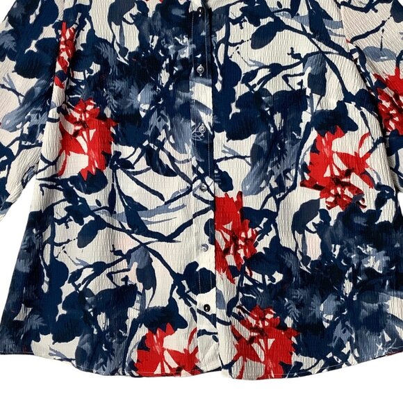 Green Dog Blouse Women 1X Red White Blue Button Floral Lightweight Crinkle Style - Picture 4 of 8